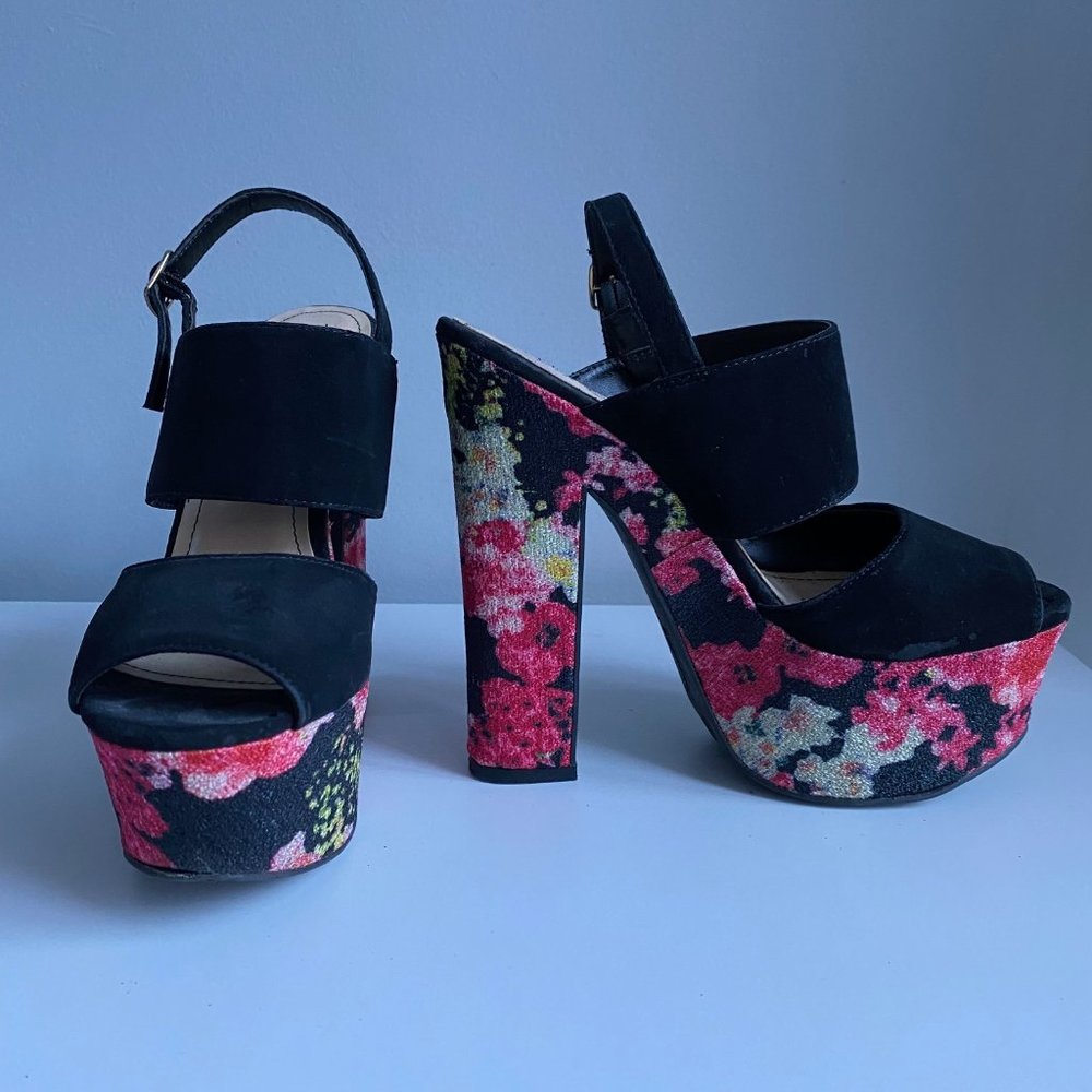 Amazing Black/Floral Platform Stack Heel Shoes Size 6.5